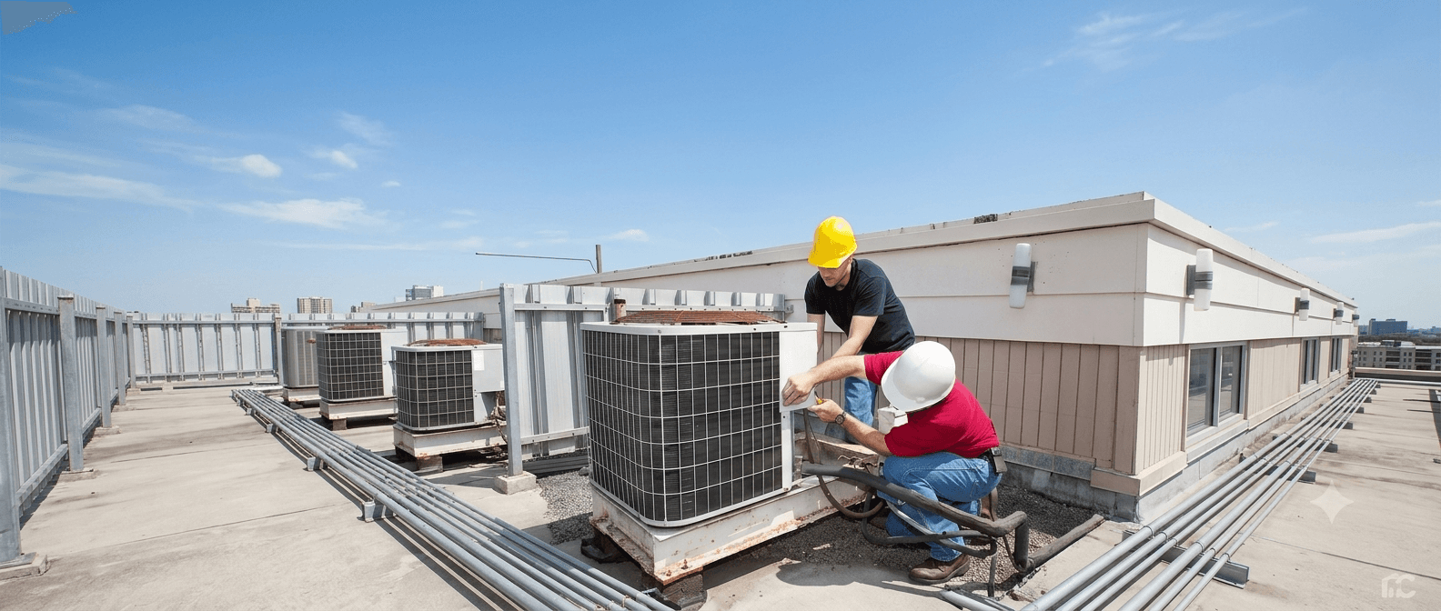 A PrimeLynx technician inspecting an outdoor air-conditioning unit on site.